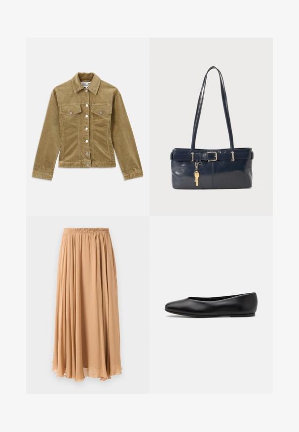 Casaco de veludo cotelê verde-azeitona com gola, dois bolsos frontais, botões prateados e textura estriada. Ajuste sob medida com corte reto.; Sweater cropped de cor bege claro com gola alta com fecho, apresentando um padrão texturizado e mangas e bainha caneladas. Combina materiais tricotados e tecidos.; Saias maxi em bege claro, feitas de tecido leve. Apresenta um cós elástico franzido e pregas suaves para maior movimento.; Paul Smith TOPANGA - Sabrinas - black; Bolsa de couro azul-marinho com duas alças longas, um detalhe de fivela e um porta-chaves anexado. Apresenta uma textura suave e uma forma retangular.