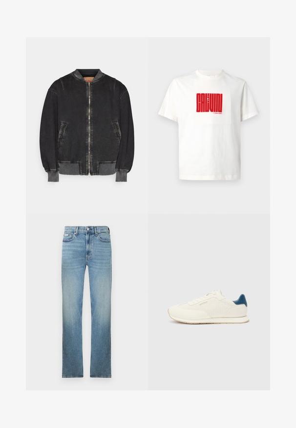 Crna traper jakna bombarder s patentnim zatvaračem, rebrastim manžetama i ovratnikom. Ima dva bočna džepa i teksturiranu završnicu.; Bijela pamučna majica s velikim crvenim grafičkim ispisom "CALVIN KLEIN" na prednjoj strani, s okruglim izrezom i kratkim rukavima.; Svijetloplave traperice ravnog kroja, s pet džepova i izblijedjelim finišem. Imaju kopčanje na gumbe i petlje za remen.; Bijele atletske tenisice s perforiranim uzorkom, glatkom kožom i kontrastnim plavim naglaskom na peti. Okrugli vrh i ravni gumeni potplat.