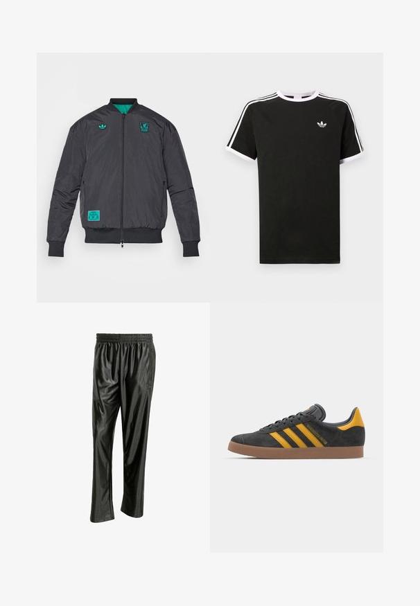 adidas Originals LIVERPOOL FC ICON JACKET - Klubbklær - black/sea green; Svart t-skjorte laget av bomull med hvite detaljer. Har korte ermer, raglan-design og en liten logo på brystet. Tre hvite striper på skuldrene.; Sorte, blanke idrettsbukser laget av et glatt, syntetisk materiale. Har elastisk midjebånd og sidelommer med glidelås. Løs passform.; Sort skinnesko i svart semsket skinn med gule detaljer, med tre striper og en brun gummisåle. Inkluderer en polstret tunge for komfort.