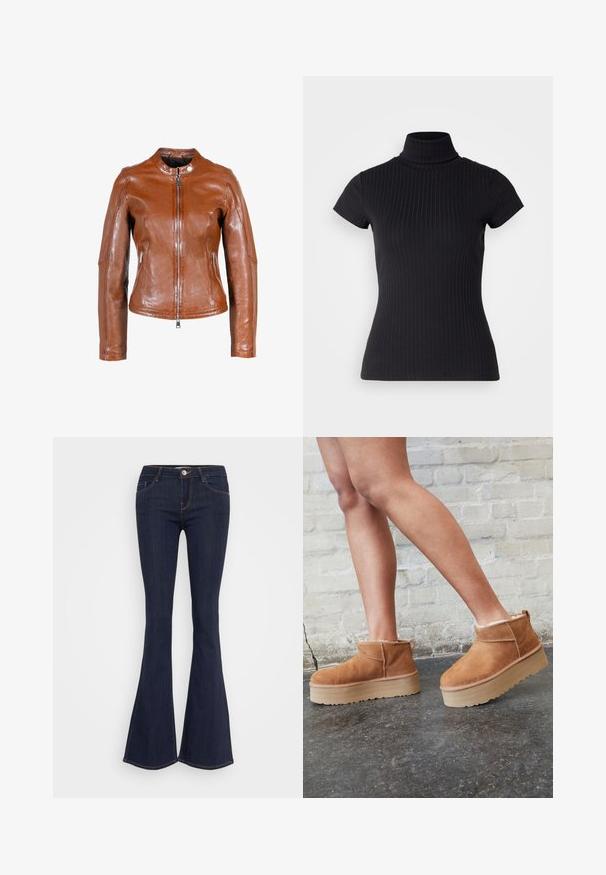 Brązowa skórzana kurtka z okrągłym kołnierzem, zapięciem na zamek błyskawiczny z przodu i dwoma bocznymi kieszeniami. Posiada gładką fakturę i dopasowany krój.; Czarny, krótki top z golfem wykonany z prążkowanej tkaniny, o dopasowanym kroju i wysokim kołnierzu. Prosty i teksturowany wzór.; Ciemnogranatowe dżinsy w fasonie dzwonów z dopasowaną talią, z przednim zapięciem na guzik, pięcioma kieszeniami oraz przeszyciami wzdłuż nóg.; Brązowe zamszowe botki sięgające kostki z puszystą wyściółką, grubą beżową platformą oraz tylną pętelką. Teksturowana powierzchnia z widocznymi detalami zszycia.