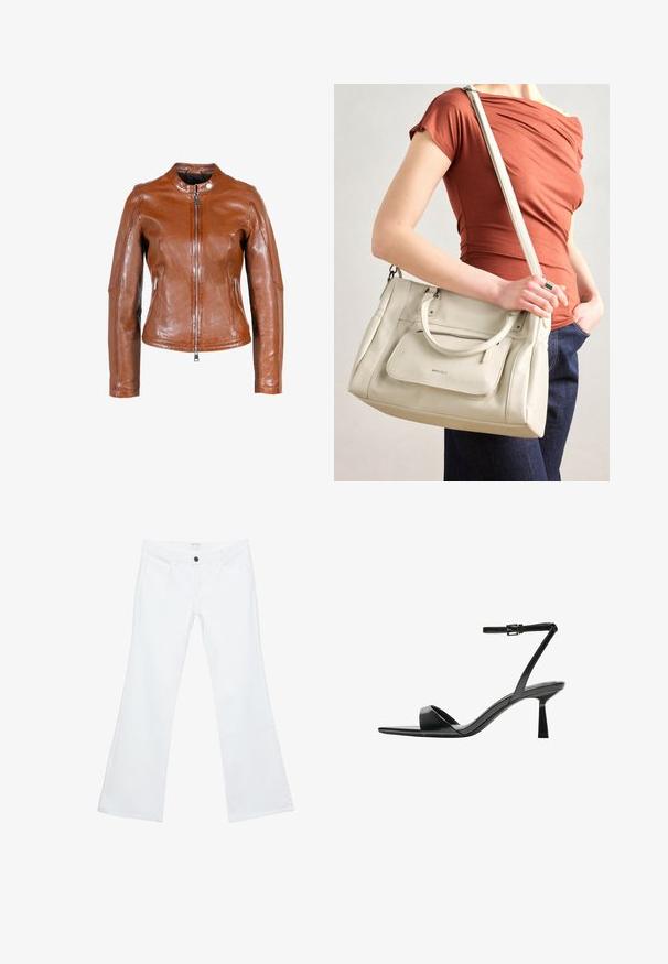Brun læderjakke med rund krave, frontlynlås og to sidelommer. Har en glat tekstur og tætsiddende design.; Hvid kortærmet T-shirt med afslappet pasform og smocked tekstur ved taljen. Lavet af blødt, letvægtsstof.; Hvide, flagrende jeans lavet af denim, med flad front og tydelig syning, to forlommer og en enkelt sort knap i taljen.; Bershka Højhælede sandaletter / Højhælede sandaler - black; Hvid lædertaske med dobbelte hanke og en aftagelig skulderrem, der har en lynlåslomme foran og en glat overflade. Bæres på en persons arm.