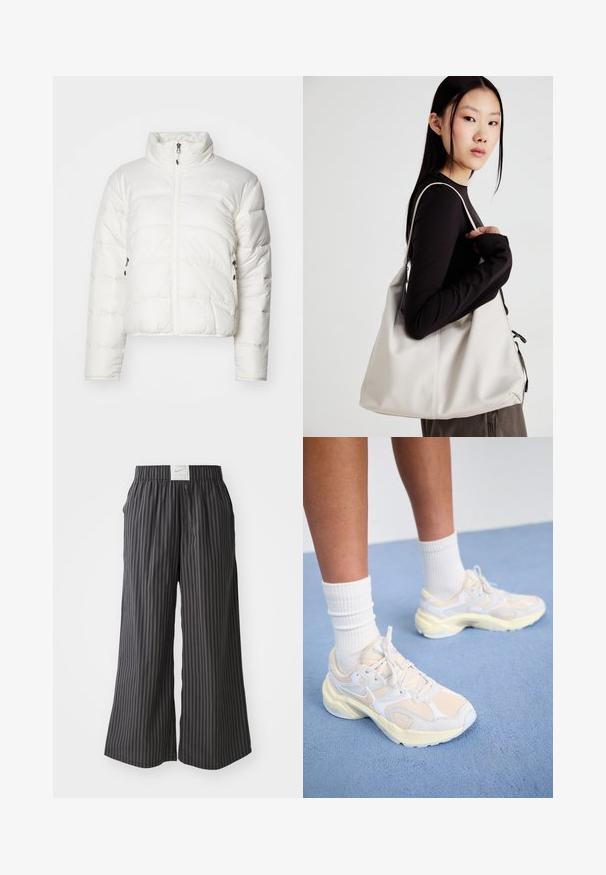 Baltā pufīgā jaka ar augstu apkakli, priekšējo rāvējslēdzēju un divām sānu kabatām. Iezīmējas ar kviltētu rakstu un diskrētu logo uz krūškurvja.; Izgriezta, krēmkrāsas T-kreklu, kas izgatavots no kokvilnas. Piedāvā rozā izšūtu logotipu ar uzrakstu "Nike Sportwear". Īsas piedurknes un apaļa izgriezuma kakla vieta.; Melni un pelēki svītraini platās kājas bikses ar elastīgu jostu un Nike logo birku aizmugurē. Viegls audums, brīvs piegriezums.; Plāni sporta apavi bālgani dzeltenā un baltā krāsā, ar sietu un sintētiskiem materiāliem, noapaļota forma un teksturētām zolem.; Bežs rokassoma, izgatavota no mīksta materiāla, ar brīvu dizainu, izšūtu apdari un divām plecu siksnām. Piemērota ikdienas lietošanai.