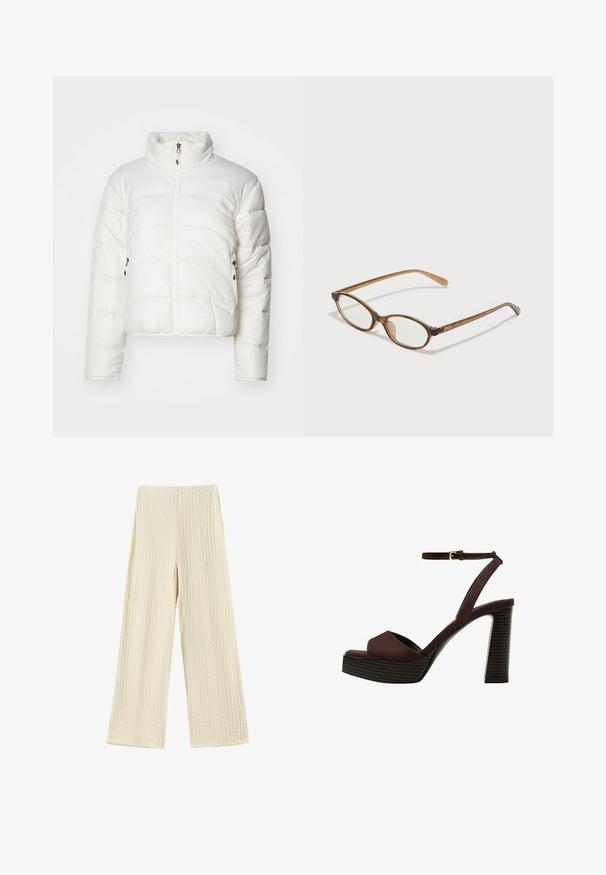 Bílá péřová bunda s vysokým límcem, předním zipem a dvěma bočními kapsami. Má prošívaný vzor a decentní logo na hrudi.; Tmavě šedý top s krátkým rukávem a lodičkovým výstřihem. Vyrobený z ribovaného materiálu, s volnějším střihem a čistým lemem. Jednoduchý design, bez vzorů.; Kalhoty s širokými nohavicemi z texturované smetanové tkaniny. Design obsahuje vaflový vzor s vysokým pasem a nohavicemi v plné délce.; Hnědé semišové sandály na vysokém podpatku s otevřenou špičkou, nastavitelným páskem kolem kotníku a proužkovou platformou.; Hnědé želvovinové brýle s oválnými skly, tenkými bočními nohami a průhlednými akcenty. Obsahují decentní logo na stranu. Elegantní, lehký design.
