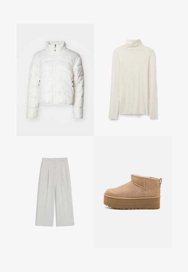 Hvid pufferjakke med høj krave, frontlynlås og to sidelommer. Har quiltet mønster og diskret logo på brystet.; Cremefarvet turtleneck langærmet skjorte lavet af blødt stof, med en tætsiddende krave og et enkelt design med lange ærmer og lige kant.; Lysgrå vide bukser med forkortede læg, skræddersyet talje og ren kant. Fremstillet af et glat, let stof.; Beige ruskinds ankelstøvler med et blødt indre, der har en platformssål og en strop bagpå for nem påtagning. Tekstureret gummisål.