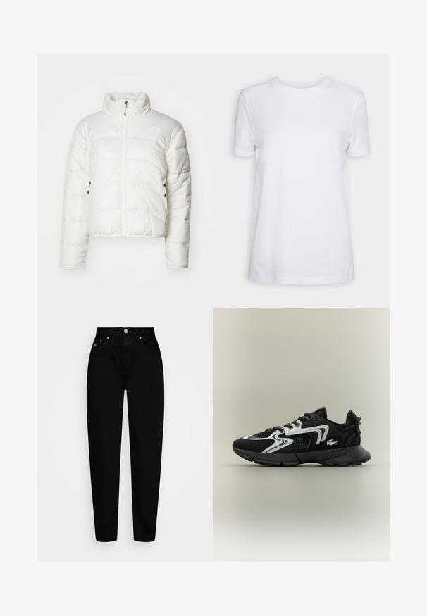 Bjela pufasta jakna s visokim ovratnikom, prednjim zatvaračem i dva bočna džepa. Ima kvadratni uzorak i suptilan logo na prsima.; Bijela kratka majica s kratkim rukavima od pamuka. Dizajn s okruglim izrezom, glatke teksture i bez vidljivih uzoraka ili naglasaka. Osnovni stil.; Crne traperice s visokim strukom ravnog kroja, s prednjim gumbom, pet džepova i petljama za remen, prikazane na bijeloj pozadini.; Crne atletske tenisice s mrežastim panelima, srebrnim detaljima i teksturiranim crnim vijencima. Imaju vezice i zakrivljeni, čvrsti potplat.