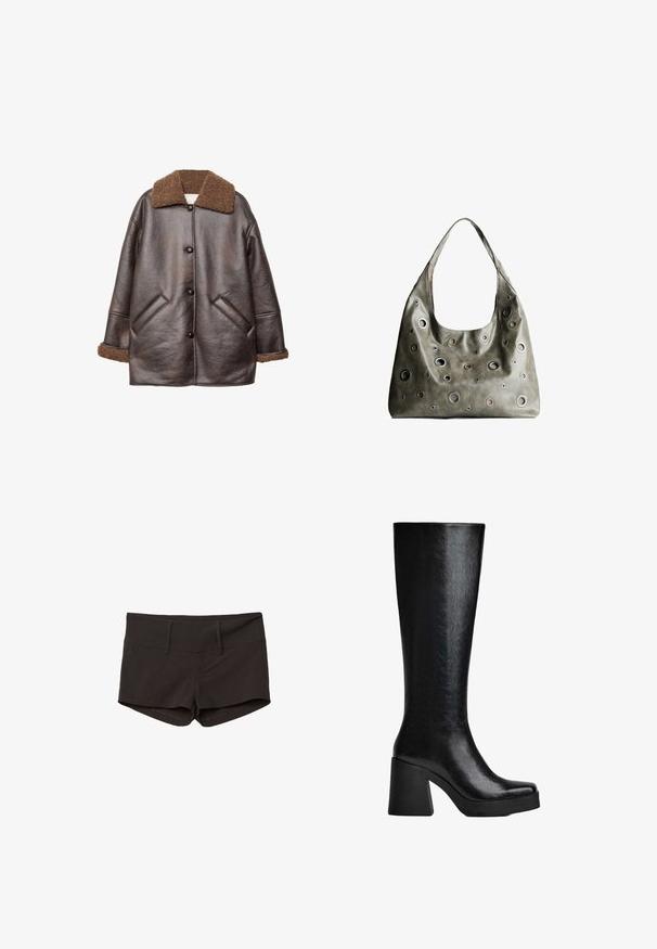 Brązowa kurtka z imitacji skóry z kołnierzem z owczej wełny, z przodem na guziki, bocznymi kieszeniami i fakturowanymi brązowymi mankietami. Luźny krój i średniej długości design.; Zestaw dwóch bluzek z długim rękawem w kolorze białym i czarnym. Prążkowana struktura, okrągły dekolt, dopasowany fason z lekko rozszerzanymi rękawami.; Czarne bawełniane szorty o dopasowanym kroju, z gładką teksturą i dwiema przednimi kieszeniami. Średnio wysoki stan i brak widocznych wzorów.; Czarne, sięgające kolan botki wykonane z teksturowanego materiału syntetycznego, z kwadratowym noskiem, masywnym, wysokim obcasem oraz gładką, elegancką powierzchnią.; Oliwkowa skórzana torebka o luźnym fasonie, z różnej wielkości okrągłymi wycięciami i akcentami w ciemniejszych i jaśniejszych odcieniach.