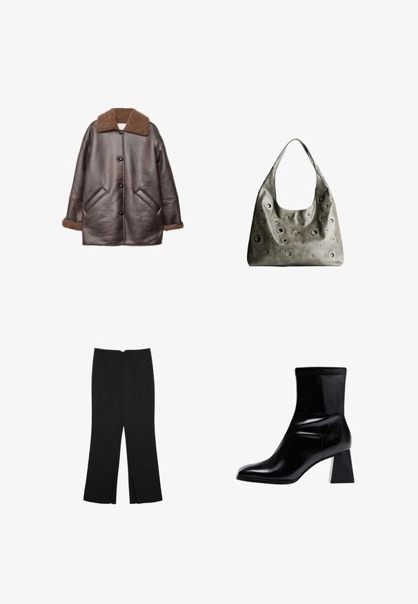 Braune Kunstlederjacke mit einem Schaffellkragen, Knopfverschluss, seitlichen Taschen und strukturierten braunen Bündchen. Lockere Passform und mittellanges Design.; Schwarzes, langärmliges, kurz geschnittenes Oberteil mit Rundhalsausschnitt, schlichter Gestaltung und leicht abgerundetem Saum.; Schwarze Hose mit geradem Schnitt, ausgestattet mit Fronttaschen und Seitenschlitzen am Saum. Hergestellt aus weichem, glattem Stoff. Geeignet für verschiedene Anlässe.; Schwarze Knöchelstiefel aus glattem Leder. Besitzen einen Blockabsatz mit einem strukturierten, gerippten Muster und einem schlanken, spitz zulaufenden Zehendesign.; Olivgrünes Lederhandtäschchen mit einem lässigen Design, das verschiedene runde Ausschnitte in unterschiedlichen Größen und Akzente in dunkleren und helleren Farbtönen aufweist.