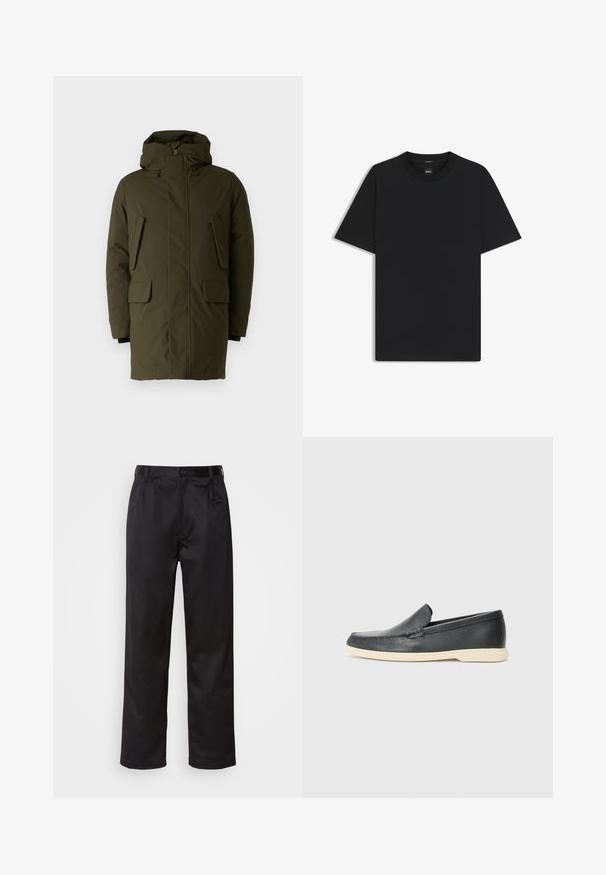 Parka vert olive avec capuche, dotée d'une fermeture éclair et de boutons, de deux poches à rabat à l'avant et d'un tissu texturé pour l'isolation.; T-shirt noir à manches courtes en coton mélangé doux, avec un col rond et un design minimaliste sans motifs ni accents.; Pantalon noir en tissu lisse, avec une fermeture à bouton sur le devant, des plis et des jambes droites. Aucun motif ou accent visible.; Mocassins noirs en cuir à enfiler avec une finition texturée et une semelle en caoutchouc beige contrastante. Présente un accent subtil sur le devant.