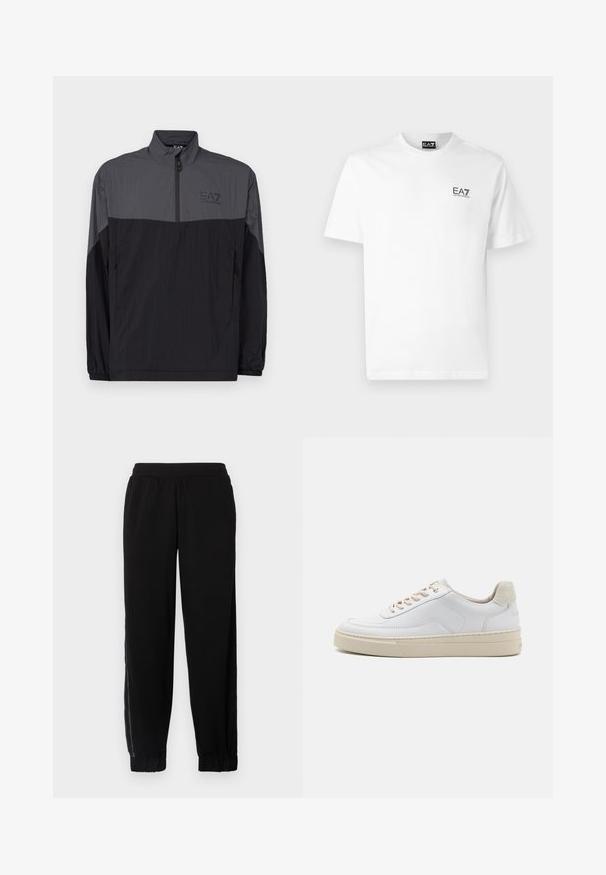 Lett, glidelås vindjakke i svart og grått. Har høy krage, elastiske mansjetter og en diskret logo på brystet.; Hvit bomulls T-skjorte med rund hals, korte ermer og en svart EA7-logo på venstre bryst. Jevn, ensfarget tekstur.; Svarte joggebukser laget av myk tekstil, med elastisk midje, ribbede hem og sidelengs mesh-paneler for ekstra ventilasjon.; Hvit sneaker med en glatt skinnoverdel, beige snørebånd og en teksturert beige semsket hælflik. Hevet såle for ekstra høyde.