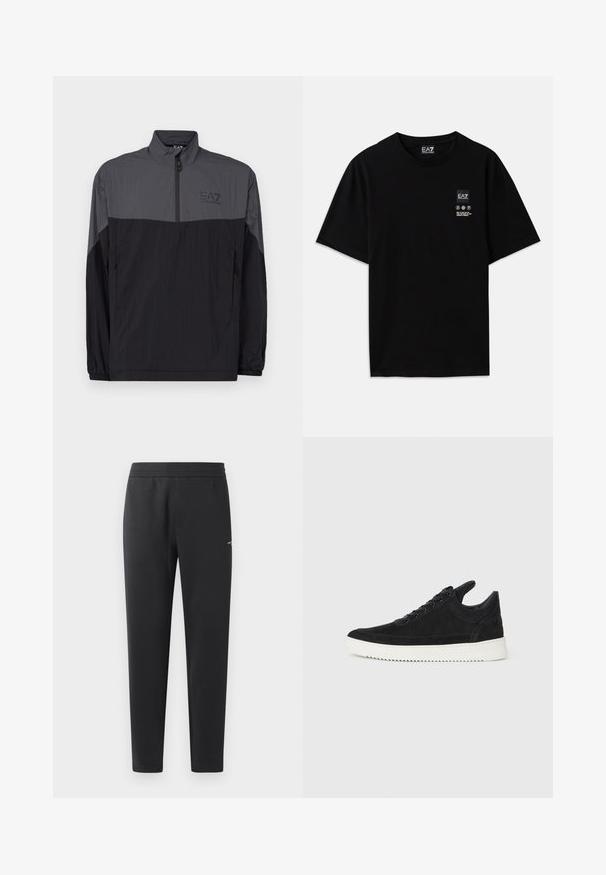 Lightweight, zippered windbreaker in black and grey. Features a high collar, elastic cuffs, and a subtle logo on the chest.; Black cotton t-shirt with short sleeves, a crew neck, and a small logo tag on the front featuring care symbols in white.; Black jogger pants made of soft fabric, featuring an elastic waistband, straight legs, and a single small logo detail on the side.; Black suede sneaker with a white rubber sole, featuring tonal stitching and lace-up design. Smooth texture with a modern, streamlined shape.