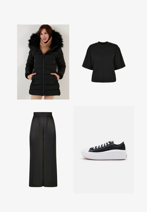 Črna pufasta jakna s kapuco oblečeno s umetnim krznom, z zadrgo in stranskimi žepi. Šivana zasnova, dolgi rokavi in vidni rebrasti manšeti.; Črna kratka majica iz bombaža. Ima kratke roke in okroglo izreza. Gladka tekstura z enostavnim dizajnom, brez dodatnih vzorcev.; Črne široke hlače iz gladkega, sijočega materiala z elastičnim pasom in brez vidnih žepov ali kovinskih detajlov.; Črne platnene športne copate z belimi vezalkami, belim gumijastim prstnim zaščitnikom in masivnim belim srednjim podplatom. Imajo subtilne bele šive in gumijast podplat.