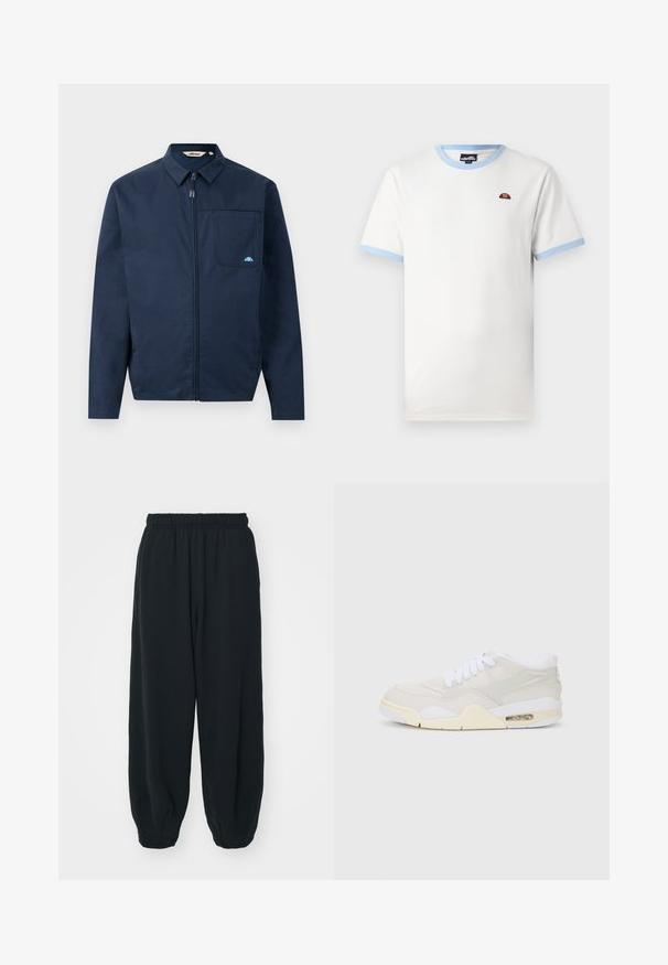 Marineblauwe jas van gladde stof, met een rits aan de voorkant, een puntige kraag en een enkele borstzak met een kleine logo-accent.; Witte katoenen t-shirt met lichtblauwe ribgebreide kraag en mouwranden. Voorzien van een klein rood en oranje logo op de borst. Klassieke pasvorm.; Zwarte, elastiche sweatpants met een losse pasvorm, manchetten aan de enkels, een zachte textuur en zonder zichtbare patronen of hardwareaccenten.; Sneakers met een lichtbeige synthetisch bovenwerk, witte veters en zichtbare demping. Beschikt over een soepele zool en subtiele zijaccenten.