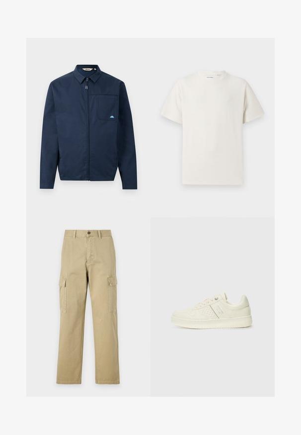 Giacca blu navy realizzata in tessuto morbido, con chiusura a zip frontale, colletto a punta e una singola tasca sul petto con un piccolo logo decorativo.; T-shirt bianca a maniche corte in texture a coste. Girocollo, vestibilità rilassata, senza modelli o accenti visibili. Design semplice e versatile.; Pantaloni cargo beige in cotone, dotati di due tasche laterali, chiusura con bottone e gamba dritta con tessuto leggermente texture.; Sneaker color crema con dettagli perforati, lacci e logo sul lato, esposta su uno sfondo bianco semplice.