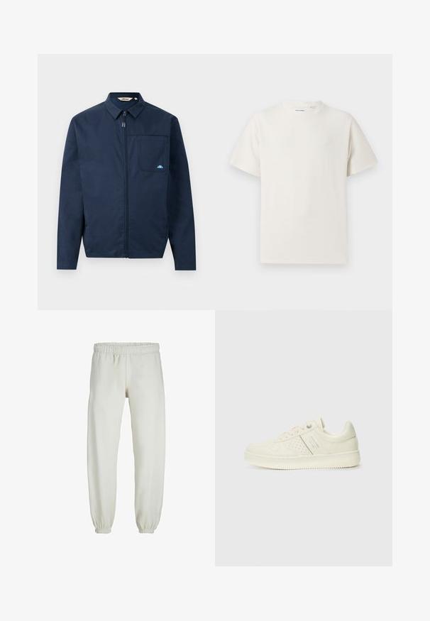 Veste bleu marine en tissu lisse, avec une fermeture éclair à l'avant, un col pointu et une poche poitrine unique avec un petit logo en accent.; T-shirt blanc à manches courtes en texture côtelée. Encolure ronde, coupe décontractée, sans motifs ni accents visibles. Design simple et polyvalent.; Pantalons de survêtement blancs en tissu doux, avec une taille et des poignets élastiques, présentant une texture lisse et un design ample.; Sneaker couleur crème avec des détails perforés, des lacets et un logo sur le côté, présenté sur un fond blanc uni.