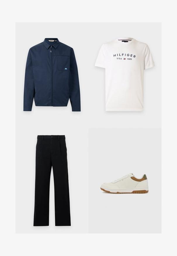 Marineblauwe jas van gladde stof, met een rits aan de voorkant, een puntige kraag en een enkele borstzak met een kleine logo-accent.; Witte katoenen t-shirt met een ronde hals, korte mouwen en een centraal logo met de tekst "HILFIGER USA 1985" in marineblauw met een rood en blauw embleem.; Zwarte op maat gemaakte broek van katoen; heeft een platte voorkant, zichtbare gestikte naden en een rechte pasvorm. Knoopsluiting bij de taille.; Tommy Hilfiger BASKET CORE - Sneakers laag - ecru/army green