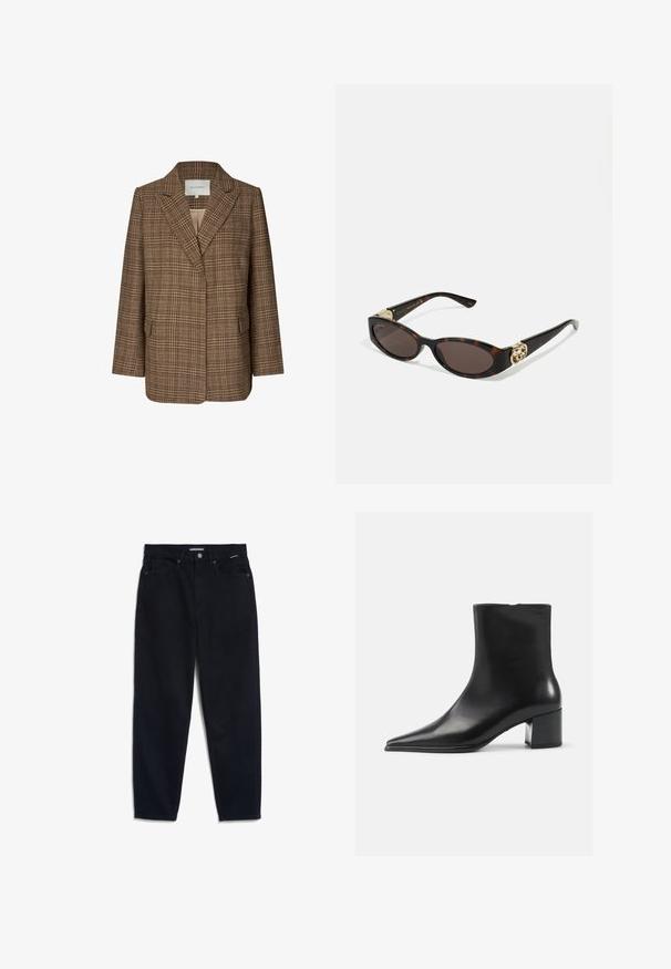 Blazer écossais marron en tissu texturé, avec un col à revers, deux poches avant et une coupe décontractée. L'intérieur est d'une teinte plus claire.; Cardigan en tricot gris avec un motif en câble, doté d'un col rond, de fermetures à boutons et de boutons foncés. Petit logo sur la poitrine.; Chemise blanche à boutons en coton, dotée d'une poche poitrine et d'un petit logo brodé. Coupe ample avec col classique et manches longues.; Jeans en denim noir avec une coupe droite, un design à cinq poches et une fermeture à bouton. Le tissu a une texture lisse et des coutures minimales visibles.; Bottine en cuir noir avec un bout pointu, texture lisse et un talon bloc moyen. Design minimaliste, fermeture éclair à l'arrière.; Lunettes de soleil en écaille, avec des verres ovales allongés, teinte marron, accents de logo doré sur les branches et montures noires élégantes.
