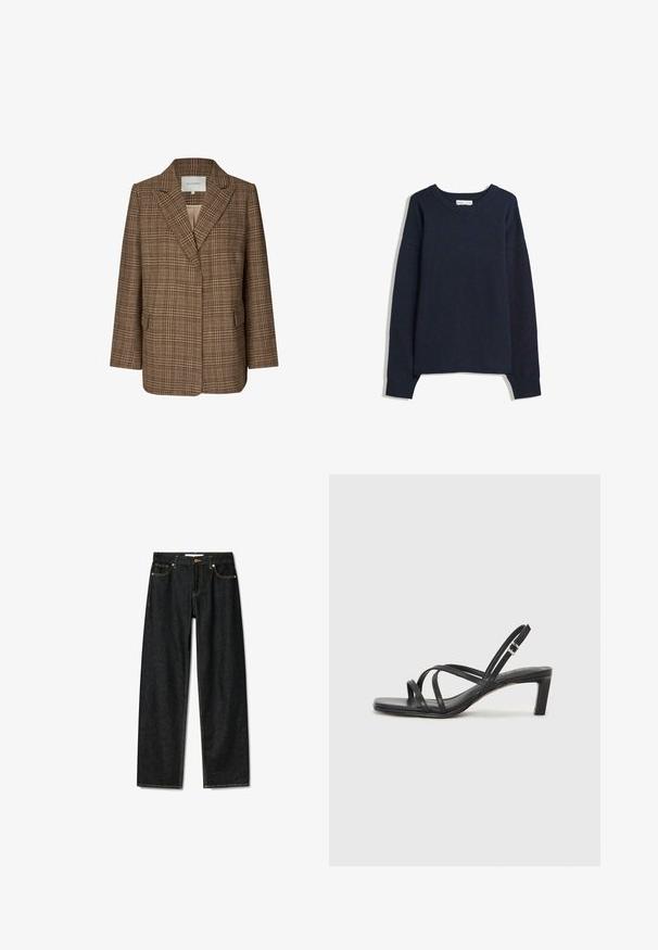 Brun ternet blazer lavet af struktureret stof, med en spids krave, to forlommer og et afslappet fit. Indersiden er i en lysere nuance.; Mørkeblå sweater med V-hals, lange ærmer, ribbede mansjetter og bil. Lavet af blødt strikmateriale, med en afslappet pasform og minimalistisk design.; Mørke denim jeans med lige snit, messingknaplukning og kontrasterende gul syninger. Har fem lommer og et klassisk fit.; Sort remsandale med firkantet tå og en lav blokeret hæl. Har flere tynde stropper og en justerbar ankelrem. Fremstillet af glat læder.