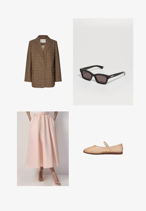 Braun karierter Blazer aus strukturiertem Stoff, mit Reverskragen, zwei vorderen Taschen und lockerer Passform. Innen ist er in einem helleren Farbton.; Weiße Bluse mit langen Ärmeln, mit einem strukturierten Blumenmuster, gerafftem Ausschnitt und elastischen Bündchen. Weicher, leichter Stoff.; Helle rosa, bodenlange Rock mit einem gerafften Taillenbund, ausgestattet mit Seitentaschen und einer glatten Textur. Trägt dazu weiße Riemchensandalen.; Beige Ballerinas mit einem geflochtenen Muster, aus flexiblem Material gefertigt. Sie verfügen über eine flache Sohle und einen dezenten Knöchelriemen für einen sicheren Halt.; Schwarze rechteckige Sonnenbrille mit dunklen Gläsern, ausgestattet mit goldfarbenem "GUCCI"-Logo am Bügel. Hergestellt aus glattem Kunststoff, mit einem eleganten, modernen Design.; Braune geflochtene Leder-Totetasche mit zwei Griffen, einer strukturierten Form und einer strukturierten Oberfläche, die ein durchgängiges Rautenmuster aufweist.