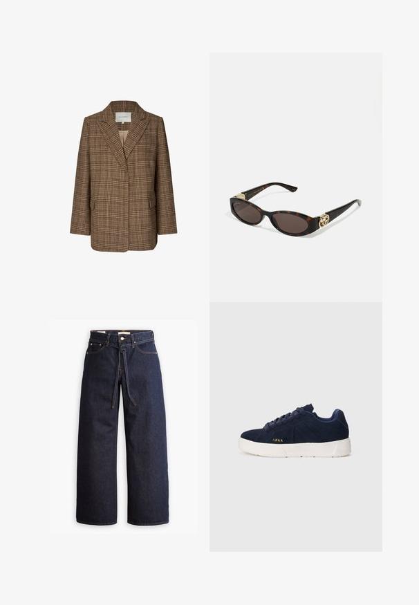 Blazer de cuadros marrón hecho de una tela texturizada, con un cuello de tipo solapa, dos bolsillos frontales y un corte relajado. El interior es de un tono más claro.; Camisa de botón a rayas azules con cuello, mangas largas y dobladillo curvado. La tela parece suave y ligera. Cierre de botón en la parte delantera.; Jeans de mezclilla oscuros de pierna ancha con cintura alta, que cuentan con un lazo ajustable, cinco bolsillos y detalles de costura en contraste.; Zapatillas de ante azul marino con suela de goma blanca. Presentan cordones redondeados, un diseño de perfil bajo y un pequeño logo dorado en el lateral.; Gafas de sol carey con lentes ovalados alargados, tintado marrón, acentos de logo dorado en las patillas y brazos negros elegantes.; Bolso de mano marrón con un patrón, fabricado en un tejido texturizado, strap de cuero marrón y detalle de logo dorado sobre un fondo beige. Forma curva y estructurada.