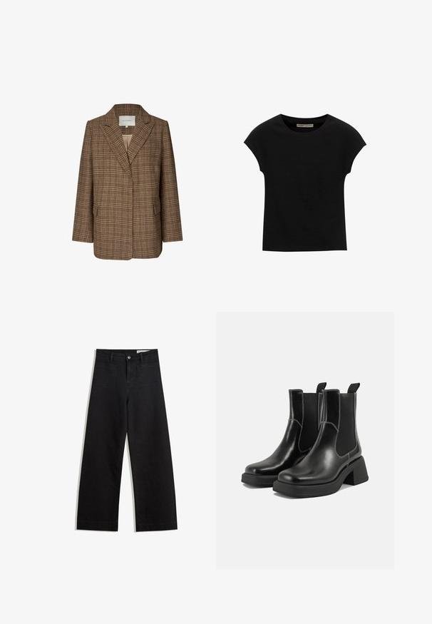 Hnedý károvaný blejzer z textúrovanej látky, s klopovým golierom, dvoma prednými vreckami a voľným strihom. Interiér je v svetlejšej farbe.; Čierne tričko s krátkym rukávom vyrobené z mäkkého materiálu, s okrúhlym výstrihom a voľným strihom, s hladkou textúrou a bez vzorov.; Čierne denimové nohavice s širokými nohavicami a vysokým pásom, so prednými a zadnými vreckami, šitými švami a zapínaním na gombík. Hladká textúra.; Čierne kožené Chelsea čižmy s robustným podpätkom, elastickými bočnými panelmi a kontrastným bielym prešívaním. Textúrovaný povrch.