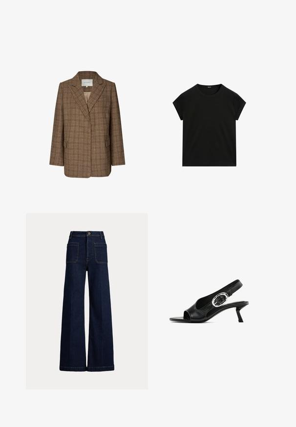 Brown plaid blazer made of textured fabric, featuring a notched collar, two front pockets, and a relaxed fit. Interior is a lighter shade.; Black short-sleeve crew neck t-shirt with a straight hem, displayed flat on a white background.; Wide-leg dark blue denim jeans with a high waist, five-pocket design, and contrasting stitching. Features a button closure and a structured shape.; Black leather slingback shoe with an open toe, featuring a silver oval buckle on the strap and a slender kitten heel. Smooth texture.