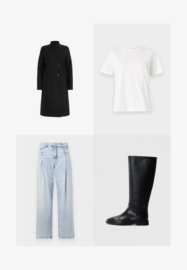 Melns mētelis, izgatavots no vilnas maisījuma, ar augstu apkakli, dubultā slēgšanas dizainu ar divām pogām un sānu kabatām. Gluda tekstūra, līdz ceļiem.; Baltas kokvilnas T-krekls ar īsām piedurknēm, apaļu kakla izgriezumu un brīvu piegriezumu. Gluda tekstūra, bez rakstiem vai akcentiem, minimālistisks dizains.; Gaiši zilas džinsu bikses ar augstu jostasvietu, plats kāju griezumu, divām sānu kabatām un krokotā dizaina akcentiem. Mīksta tekstūra ar izdilušu apdari.; Melnas ādas līdzceļgala zābaki ar noapaļotu pirkstu, gludu tekstūru, minimālistisku dizainu un plakanu zoli. Vienkāršas šuvju detaļas uz zābaku augšdaļas.