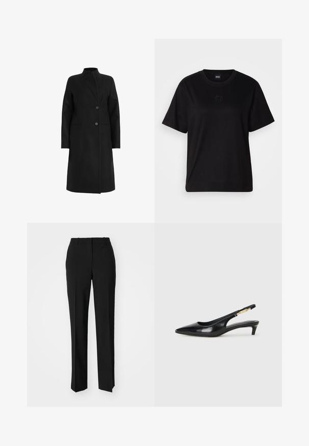 Melns mētelis, izgatavots no vilnas maisījuma, ar augstu apkakli, dubultā slēgšanas dizainu ar divām pogām un sānu kabatām. Gluda tekstūra, līdz ceļiem.; Melna kokvilnas T-krekls ar apaļu izgriezumu, īsām piedurknēm un izšūtu logotipu uz krūtīm. Vienkāršs, brīvs piegriezums bez rakstiem.; Melnas pielāgotas bikses ar taisnu kāju dizainu, kas raksturojas ar gludu faktūru un asiem krokām pa priekšu. Nav redzamu metāla detaļu.; Melnas ādas slingback zābaki ar smailu purngalu, ar šauru papēdi un zelta krāsas akcentu uz regulējama siksniņas. Gluda tekstūra.