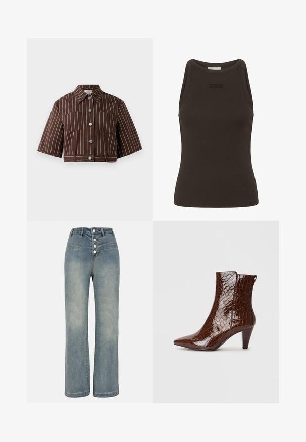 Hnedá skrátená bunda s bielymi vertikálnymi pruhmi, krátkymi rukávmi, dvoma náprsními vreckami a zapínaním na gombíky s kovovými akcentmi.; Hnedý rebrovaný top bez rukávov s vysokým golierom, ktorý má na oblasti hrudníka jemné logo. Vyrobený z elastického materiálu.; Svetlomodré džínsové nohavice so širokými nohavicami, vysokým pásom, zapínaním na päť gombíkov a dvoma prednými vreckami. Hladká textúra s jemným vyblednutím.; Hnedé členkové čižmy z imitácie kože s bodenou špičkou, krokodílim vzorom a 5 cm vrstveným podpätkom. Bočný otvor bez viditeľných kovových prvkov.