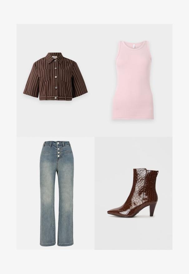 Rudas trumpa striukė su baltais vertikaliais raštais, trumpomis rankovėmis, dviem krūtinės kišenėmis ir mygtukų uždarymu, kuriame yra metalinių akcentų.; Šviesiai rožinė liemenėlė, pagaminta iš švelnaus, tampraus audinio. Turi apvalią iškirptę ir siaurus petnešėles, su lygiu paviršiumi ir prigludusia forma.; Šviesiai mėlyni džinsai plačiomis kojomis su aukštu liemeniu, penkių mygtukų uždarymu ir dviem priekinėmis kišenėmis. Lygi tekstūra su subtiliu išblukimu.; Rudos faux krokodilo odos auliniai batai su smailiu kojų pirštu ir siauru kulnu. Turi blizgią tekstūrą ir šoninio užtrauktuko detalę.