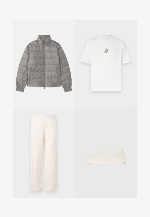Grau gepolsterte Steppjacke mit hohem Kragen, zwei seitlichen Reißverschlusstaschen, elastischen Bündchen und einer leichten, glatten Textur.; Weißes Baumwoll-T-Shirt mit Rundhalsausschnitt. Mit einem kleinen beigen Logo "A|X" und "ARMANI EXCHANGE" darunter. Kurze Ärmel, normale Passform.; Leichte, crèmefarbene Hose mit elastischem Bund, geradem Bein-Design und subtiler Textur. Hat keine sichtbaren Taschen.; Beige Leder-Sneaker mit niedriger Schaftform, runder Zehenpartie, minimaler Nahtführung und seitlichem Reißverschluss auf weißem Hintergrund.