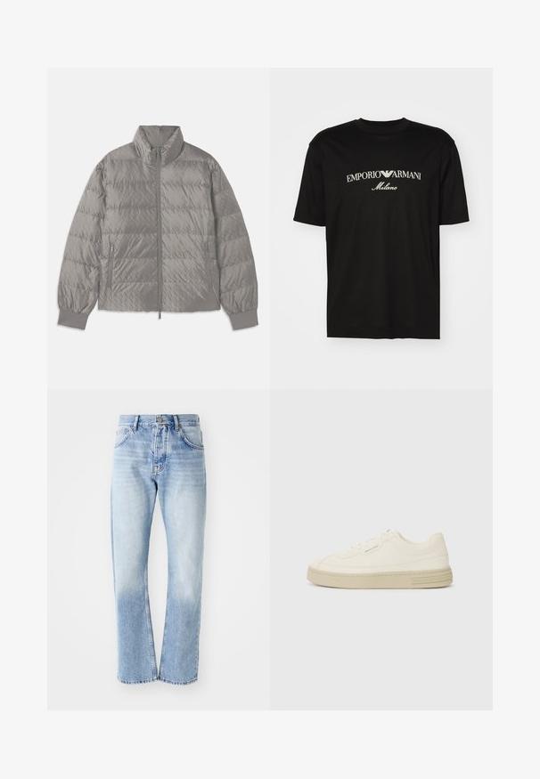 Grau gepolsterte Steppjacke mit hohem Kragen, zwei seitlichen Reißverschlusstaschen, elastischen Bündchen und einer leichten, glatten Textur.; Schwarzes Baumwoll-T-Shirt mit Rundhalsausschnitt, kurzen Ärmeln und dem "EMPORIO ARMANI"-Logo in Weiß über dem geschwungenen Schriftzug "Milano".; Helle blaue Jeans mit geradem Schnitt. Verfügt über ein Fünf-Taschen-Design, einen Knopfverschluss und eine ausgewaschene Textur zum unteren Bereich hin.; Weiße Leinen-Sneaker mit einer strukturierten Gummisohle, die eine gestickte Zehenkappe und ein Logo-Detail an der Ferse aufweisen. Einfaches Schnürdesign.