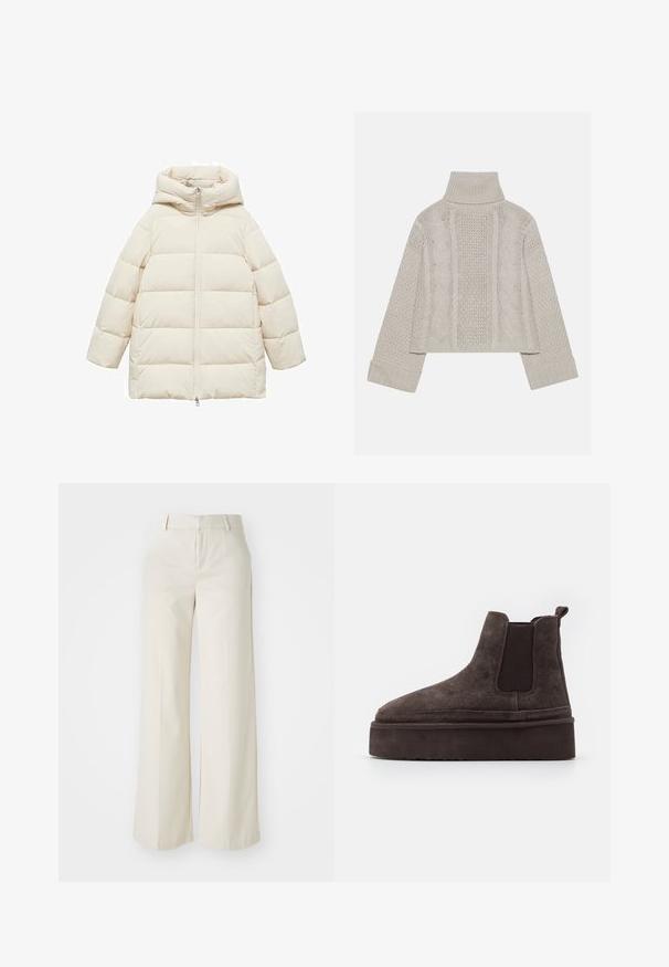 Jachetă puffer de culoare crem cu glugă, având un fermoar în față, design matlasat orizontal și croială lejeră. Textură a țesăturii moale și netedă.; Pulover tricotat, de culoare gri deschis, cu guler înalt și manșete ribbrate, având modele texturate de cabluri pe spate și pe laturi.; Pantaloni cu picioare largi, de culoare bej deschis, dintr-un material neted. Prezintă un brâu clasic și un față plată cu linii curate.; Cizme Chelsea din suede maro, cu panouri elastice pe laterale și o talpă groasă, texturată. Dispun de un obiect de prindere la călcâi pentru a facilita îmbrăcarea.