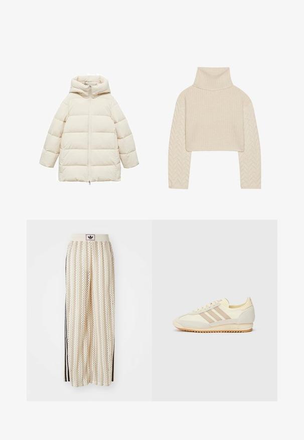 Pufferjack in crèmekleur met een capuchon, voorzien van een rits aan de voorkant, horizontaal gewatteerd ontwerp en een losse pasvorm. Zachte, gladde stofstructuur.; Crème-kleurig cropped trui met een hoge hals, een gebreide textuur en mouwen met een visgraatpatroon. Gemaakt van zacht garen.; Crème kleurige wijde broek met een zigzagpatroon, met een zwarte logo tailleband en zij zwarte strepen. Lichtgewicht, gestructureerde stof.; Crème sport sneaker met drie beige strepen, suède en textielmaterialen, een gestructureerde zool en geperst logo op de hiel.