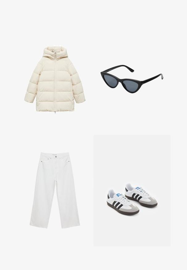 Pufjakke i cremefarve med hætte, prydet med lynlås foran, vandret quiltet design og løs pasform. Blød, glat stoftekstur.; Hvid bomulds tanktop med en rundet halsudskæring, uden ærmer og en tætsiddende pasform. Glat tekstur, ensartet design og minimale syninger.; Hvide bukser med bred benvidde lavet af denim med høj talje, der har fem lommer og metalhardware. Glat tekstur, uden synlige mønstre.; Sportsko med en overdel i hvid læder, grå ruskind på tåen og tre sorte striber. Har et blåt logo på tungen og en struktureret gummisål.; Sorte katteøje solbriller med mørkegrå linser, slankt plastisk stel, spidse hjørner og lige stænger. Ingen synlig hardware eller dekorationer.