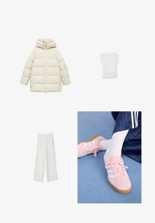 Krémová péřová bunda s kapucí, se zapínáním na zip v přední části, horizontální prošívaný design a volný střih. Měkká, hladká textura látky.; Bílý top s krátkým rukávem a kulatým výstřihem. Má na stranách nařasenou texturu a přiléhavý siluetu, vyrobený z měkkého, elastického materiálu.; Bílé široké kalhoty vyrobené z lehké tkaniny. Mají elastický pas se šňůrkou a boční kapsy. Hladká textura.; Svetle růžové semišové tenisky s bílými pruhy a tkaničkami, s texturovaným jazykem a gumovou podrážkou, položené na modrém koberci.