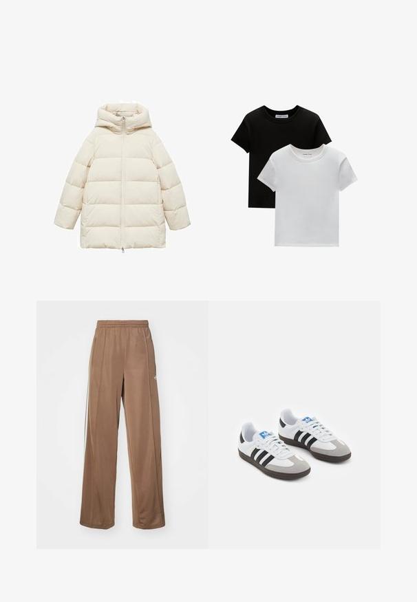 Puhasta jakna v kremni barvi s kapuco, z zadrgo na sprednji strani, horizontalnim prešitim dizajnom in ohlapnim krojem. Mehka, gladka tekstura tkanine.; Dve majice s okruglim izrezom, crne in bele barve, narejene iz bombaža. Imajo kratke rokave in enobarven dizajn brez vzorcev ali dodatkov.; Rjavi atletski hlače iz mehkega materiala, z elastičnim pasom, stranskimi žepi in belimi logotipskimi poudarki na levem boku.; Športni čevlji z belim usnjenim zgornjim delom, sivim semišem na prstih in tremi črnimi črtami. Imajo modro logo na jeziku in teksturiran gumijast podplat.