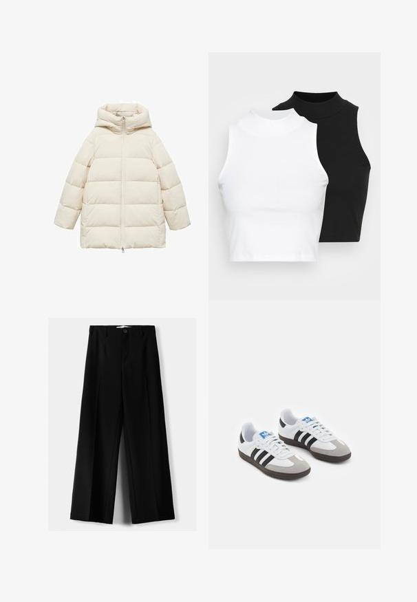 Puffer-Jacke in cremiger Farbe mit Kapuze, mit einem Reißverschluss an der Vorderseite, horizontal gestepptem Design und lockerer Passform. Weiche, glatte Stoffstruktur.; Zwei ärmellose, gerippte Rollkragenoberteile in Schwarz und Weiß, mit einer figurbetonten Passform und glatter Textur sowie einer cropped Länge.; Schwarze weite Hosen aus leichtem Stoff, mit einem Knopfverschluss vorne und flachem Bund, mit sorgfältig genähten Säumen.; Sportschuhe mit einem Obermaterial aus weißem Leder, grauer Wildleder-Zehenkappe und drei schwarzen Streifen. Sie verfügen über ein blaues Logo auf der Zunge und eine strukturierte Gummisohle.