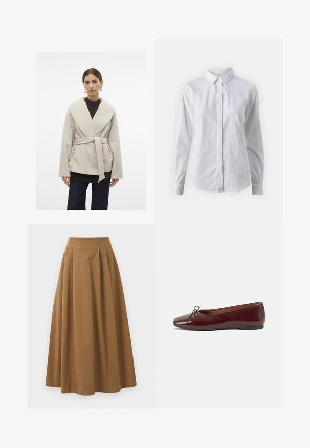 Šviesiai smėlio spalvos apykaklės paltas, pagamintas iš minkštos medžiagos, su plačiu apykakle, diržu juosmens srityje ir dviem šoniniais kišenėmis. Užsidėtas ant tamsaus megztinio.; Balta marškinėliai su mygtukais, pagaminti iš lygios medvilnės, su klasikiniais apykaklės, ilgomis rankovėmis ir lenktu kraštu. Mygtukai maži ir balti.; Ruda medvilninė A formos sijonas su aukštu liemeniu, puikuojantis klostėmis priekyje ir lygia tekstūra. Apdailos kraštai yra švarūs ir paprasti.; Bordo lakiotos odos baleto bateliai su apvalia nosimi, maža kaspinėlio akcentu priekyje ir žema juoda guma padanga. Lygi tekstūra.