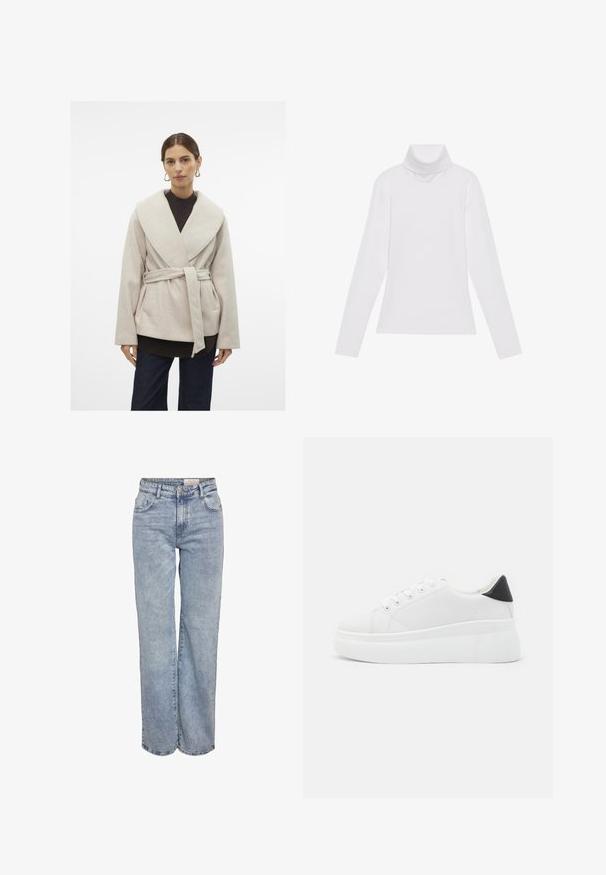 Svetlo bež plašč iz mehkega materiala, z širokim ovratnikom, pasom v pasu in dvema stranskima žepoma. Obut nad temnim puloverjem.; Bela dolga majica s turtleneck ovratnikom, izdelana iz gladke, raztegljive tkanine. Ima visok ovratnik in prilega telesu, brez vidnih vzorcev ali okrasitev.; Svjetloplave široke traperice od denima, sa visokim strukom, dizajnom s pet džepova i suptilnim blijeđenjem za izgled nakon nošenja.; Bele platform tenisice izdelane iz gladkega sintetičnega materiala, z zaobljenim prstom, sistemom vezalk in teksturiranim gumijastim podplatom. Črn dodatek na peti.