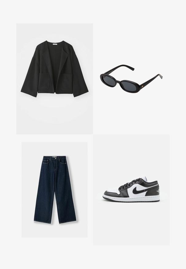 Musta lyhyt takki, joka on valmistettu pehmeästä kankaasta. Ominaisuuksia ovat leveät hihat, auki oleva etuosa ja kaksi etutaskua. Yksinkertainen, siisti muotoilu ilman kiinnityksiä.; Kermanvärinen pooloneule, joka on valmistettu pehmeästä neulekankaasta. Siinä on ribbikudotut hihansuut ja helma, rento istuvuus ja laskeutuvat olkapäät.; Tummansinisiä, leveälahkeisia farkkuja. Ominaisuuksiin kuuluu viisi taskua, nappi- ja vetoketjukiinnitys sekä kontrastoväriset ompelut.; Mustat ja valkoiset Nike matalavartiset lenkkarit, joissa on sileä nahkapinta, pyöreä kärki, nauhakiristys ja kuvioitu kumipohja.; Mustat ylisuuruiset aurinkolasit, jotka ovat soikeat linssit, sileä muovikehys ja kultaiset korostukset temppeleissä. Tummat linssit tarjoavat suojaa auringolta.; Tummanruskea mokkanahkainen olkalaukku säädettävällä hihnalla, kulta-värisillä metalliosilla ja suurella etutaskun läpällä.