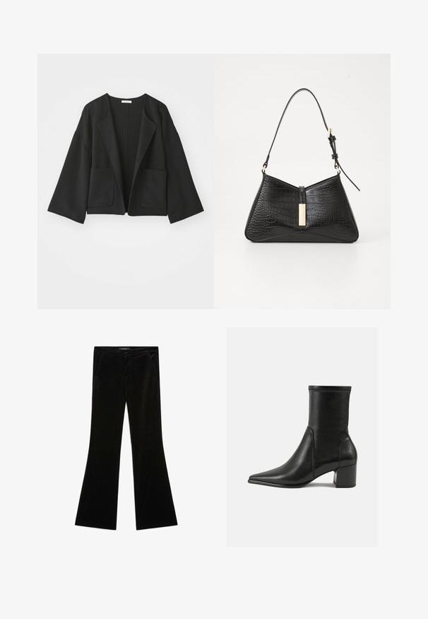 Černá zkrácená bunda vyrobená z měkké tkaniny. Vyznačuje se širokými rukávy, otevřeným předním dílem a dvěma předními kapsami. Jednoduchý, čistý design bez zapínání.; Bílá halenka s dlouhými rukávy a klasickým límečkem, zapínání na knoflíky vpředu a naříznutím po stranách. Hladká tkanina s tvarovaným střihem.; Černé sametové zvonové kalhoty s hladkou texturou, vybavené dvěma předními kapsami a úzkým pasem, navržené pro elegantní siluetu.; Černé kožené kotníkové boty s hladkým povrchem, špičatou špičkou, blokovým podpatkem a výrazným vyvýšeným šitím na horním okraji.; Černá kabelka vyrobená z materiálu s embosovaným krokodýlím vzorem, s trojúhelníkovým tvarem, štíhlým ramenním popruhem a zlatým kovovým detailem uprostřed.; Černé kožené rukavice s prošívaným černým semišovým manžetou. Mají hladký povrch a decentní akcent s logem v oblasti zápěstí.; Stříbrné náušnice ve tvaru kapky s kulatými akcenty na modelce, která nosí bílé žebrové bezramínkové tričko, které ukazuje hladký povrch.