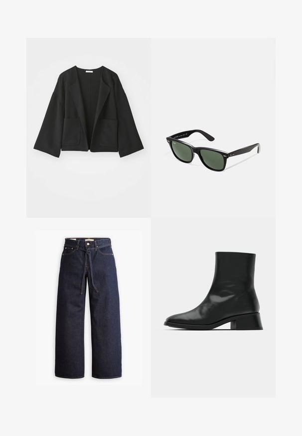 Black cropped jacket made of soft fabric. Features wide sleeves, an open front, and two front pockets. Simple, clean design without fasteners.; Navy turtleneck long-sleeve top. Made from soft fabric with a smooth texture. Features a fitted design and high collar without visible seams.; Wide-leg dark blue denim jeans with a high waist, featuring a drawstring tie, five pockets, and contrasting stitching details.; Black ankle boot made of shiny leather, featuring a sleek design, pointed toe, and a moderate block heel for stability.; Black plastic sunglasses with green lenses, square frames, silver accent on the brow, and textured temple arms. Stated brand on inner arm.