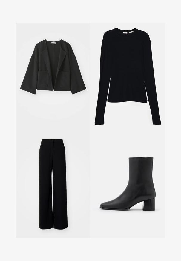 Čierna skrátená bunda vyrobená z mäkkej látky. Vybavená širokými rukávmi, otvoreným predným dielom a dvoma prednými vreckami. Jednoduchý, čistý dizajn bez zapínania.; Čierny dlhý rukáv top vyrobený z mäkkej tkaniny, s okrúhlym výstrihom a voľným strihom s bočnými rozparokmi na leme pre pohodlný pohyb.; Čierne široké nohavice s vysokým pásom, hladkou tkaninou, predným zapínaním na gombík a bez viditeľných vreciek, s priliehavým strihom.; Čierna kožená členková čižma s špicatou špičkou a masívnym štvorcovým podpätkom. Hladká textura s bezšvovým dizajnom a minimalistickým prešívaním.