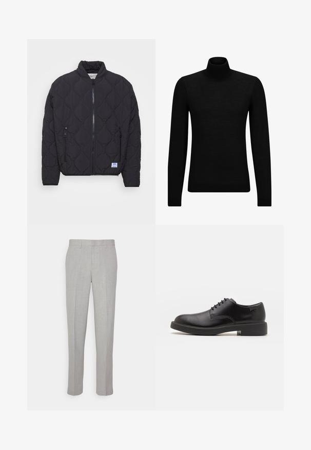Fekete steppelt bomberdzseki magas gallérral, cipzáros elülső résszel és két oldalsó zsebbel. Az alsó bal oldalán emblémázott folt található.; Fekete garbó pulóver puha anyagból, hosszú ujjakkal és szoros fazonnal. Ribbed díszítés az alján és az ujjak végén. Egyszerű dizájn.; Világosszürke nadrág, sima textúrával, lapos elülső résszel és egyenes lábakkal. Lélegző anyagból készült, belső zsebekkel és övjáratokkal ellátva.; Fekete bőrcipő, kerek orrú, sima felületű, minimális varrással és alacsony gumitalppal. Logó a sarokrészen.