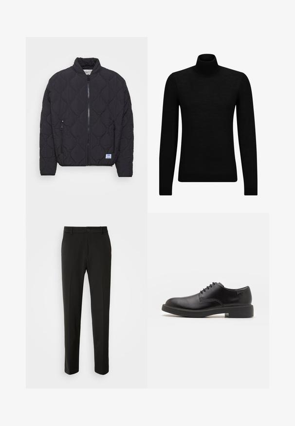 Schwarze, gesteppte Bomberjacke mit hohem Kragen, Reißverschluss vorne und zwei Seitentaschen. Verfügt über ein Markenpatch auf der unteren linken Seite.; Schwarzer Rollkragenpullover aus weichem Material mit langen Ärmeln und enger Passform. Rippbesatz am Saum und an den Bündchen. Einfaches Design.; Schwarze Hose aus glattem Stoff, mit geraden Beinen, einem Knopfverschluss und einem klassischen Design, das sowohl für formelle als auch für legere Anlässe geeignet ist.; Schwarzer Leder-Schnürschuh mit abgerundetem Zeh, glatter Textur, minimaler Naht und niedrigem Gummiabsatz. Logo auf der Ferse.