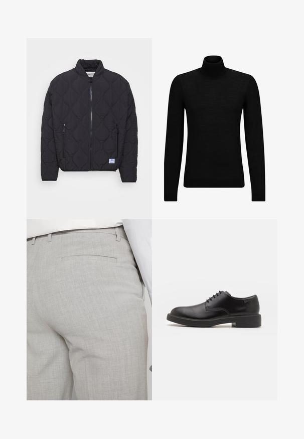 Black quilted bomber jacket with a high collar, zippered front, and two side pockets. Features a branded patch on the lower left side.; Black turtleneck sweater made of soft material, featuring long sleeves and a snug fit. Ribbed trim at the hem and cuffs. Simple design.; Light gray tailored trousers made of textured fabric, featuring a single back pocket and clean stitching.; Black leather lace-up shoe with a rounded toe, smooth texture, minimal stitching, and a low rubber heel. Logo on the heel.