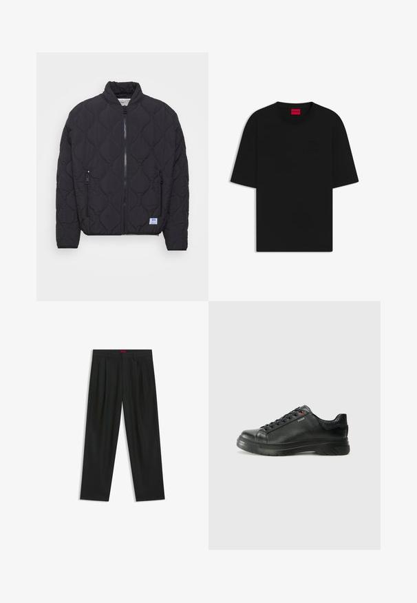 Schwarze, gesteppte Bomberjacke mit hohem Kragen, Reißverschluss vorne und zwei Seitentaschen. Verfügt über ein Markenpatch auf der unteren linken Seite.; Schwarzes Kurzarm-T-Shirt aus Baumwolle, mit Rundhalsausschnitt und geprägtem Logo auf der Vorderseite, in lockerer, lässiger Passform.; Schwarze Hose mit einem gefältelten Design, weiter Beinform und glatter Textur. Verfügt über ein rotes Taillenlabel.; Schwarze Leder-Sneaker mit strukturiertem Obermaterial, gepolstertem Kragen und rotem Logo-Detail. Verfügt über eine dicke Gummisohle mit markantem Profil.