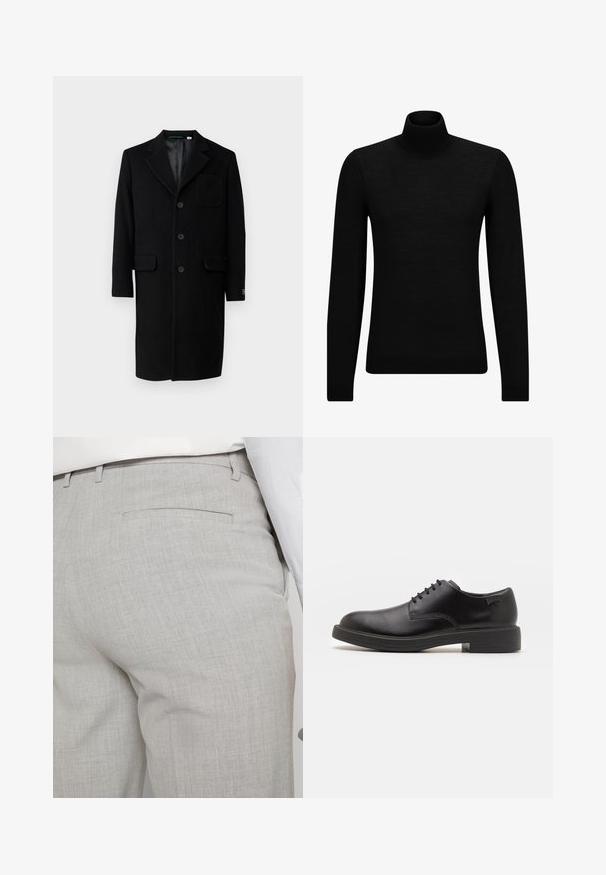 Lacoste Κλασικό παλτό - noir; Μαύρο πουλόβερ σταυρωτό λαιμό, φτιαγμένο από μαλακό υλικό, με μακριά μανίκια και εφαρμοστή γραμμή. Ριγωτή λεπτομέρεια στο τελείωμα και στους καρπούς. Απλός σχεδιασμός.; Ανοιχτό γκρι, ραμμένο παντελόνι από υφή ύφασμα, με μία τσέπη στο πίσω μέρος και καθαρή ραφή.; Μαύρο δερμάτινο παπούτσι με κορδόνια, με στρογγυλή μύτη, λεία υφή, ελάχιστη ραφή και χαμηλή καουτσούκ σόλα. Λογότυπο στη σόλα.