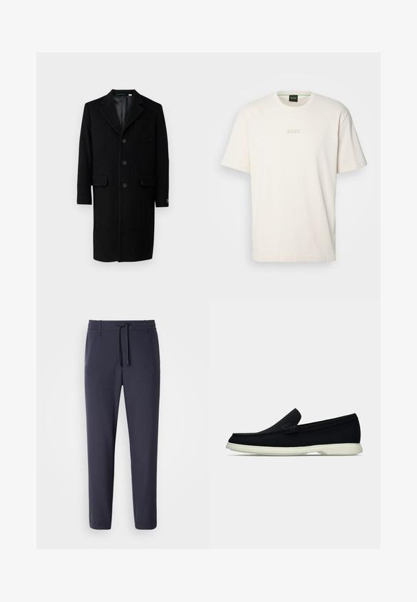 Lacoste Klasisks mētelis - noir; BOSS TEE - Pamata T-krekls - open white; Jūras spēku sporta bikses ar elastīgu jostu un aukliņu. Izgatavotas no gludas materiāla, ar sašaurinātiem galiem un bez redzamām kabatām.; Melna slīdnešuve ar noapaļu purngalu, ar teksturētu augšdaļu, gludu baltu zoli un diskrētu zīmola detalizāciju sānos.
