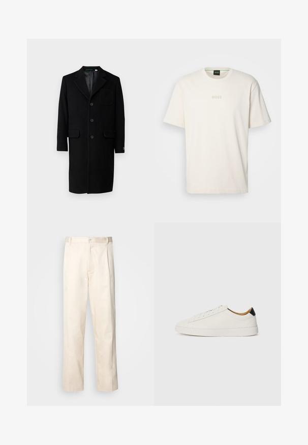 Lacoste Klasikinis paltas - noir; BOSS TEE - Paprasti marškinėliai - open white; Bežinės medvilninės kelnės su tiesiu kirpimu, turinčios mygtuko uždarymą ir priekyje raukšles papildomai dekoratyviam akcentui.; Balti sportbačiai su lygia oda, apvalia pirštine ir plokščiu padu. Juodas akcentas prie kulno, su toniniais raišteliais ir minimaliais prekių ženklais.